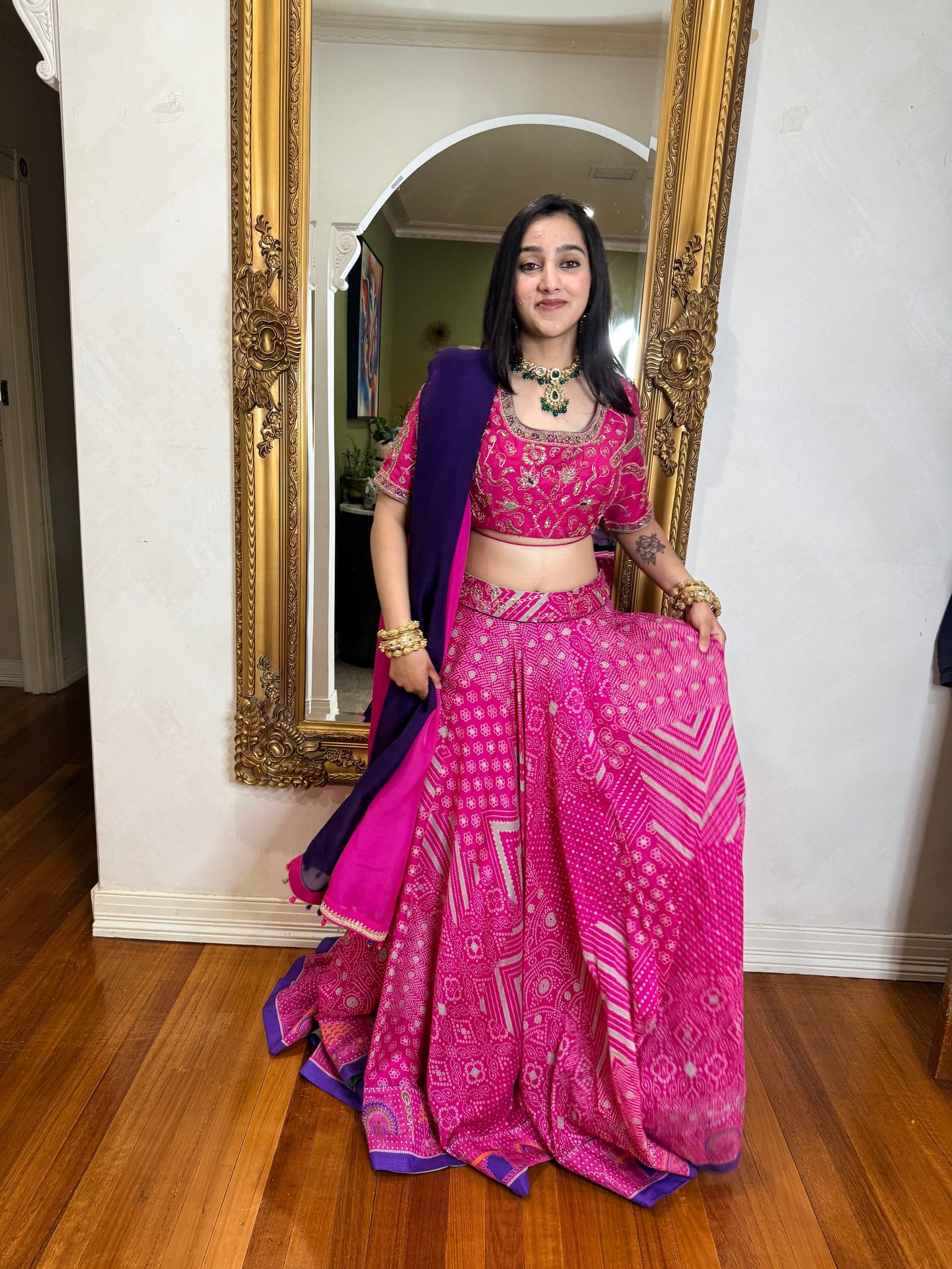 Bandhani reference — hot pink and purple bandhani lehenga panel