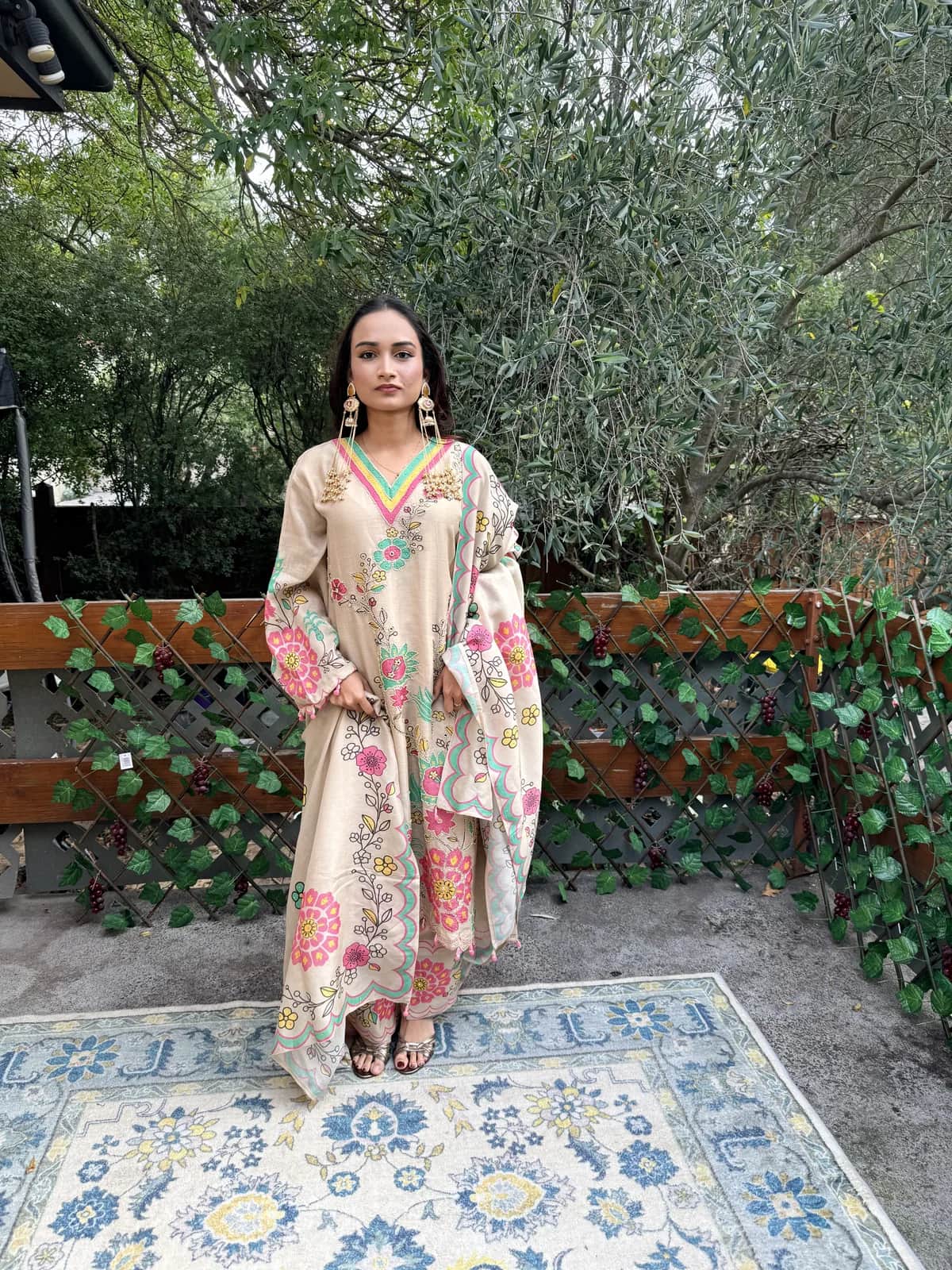 Beige Hand Painted Floral Kurta With Straight Pants Printed Dupatta Pakistani Pret Set — image 1