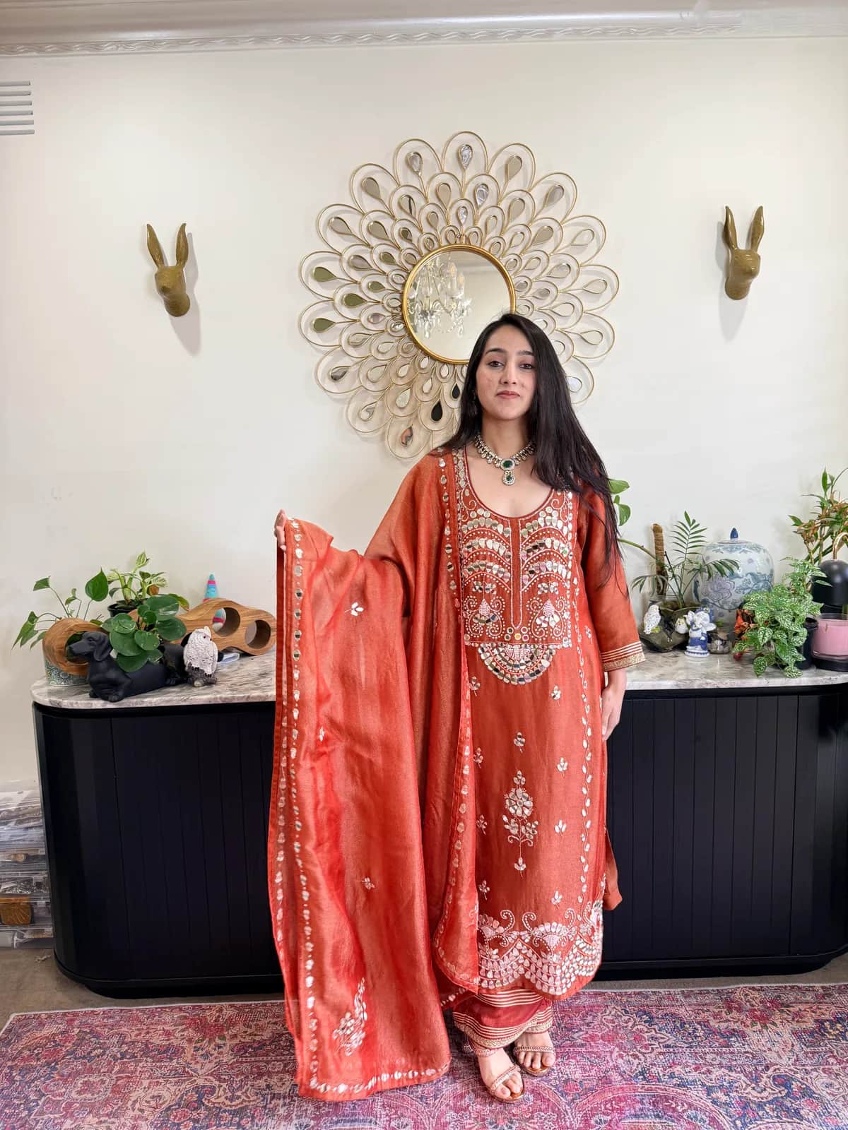 Burnt Orange Mirror Work Kurta Set With Dupatta — image 1