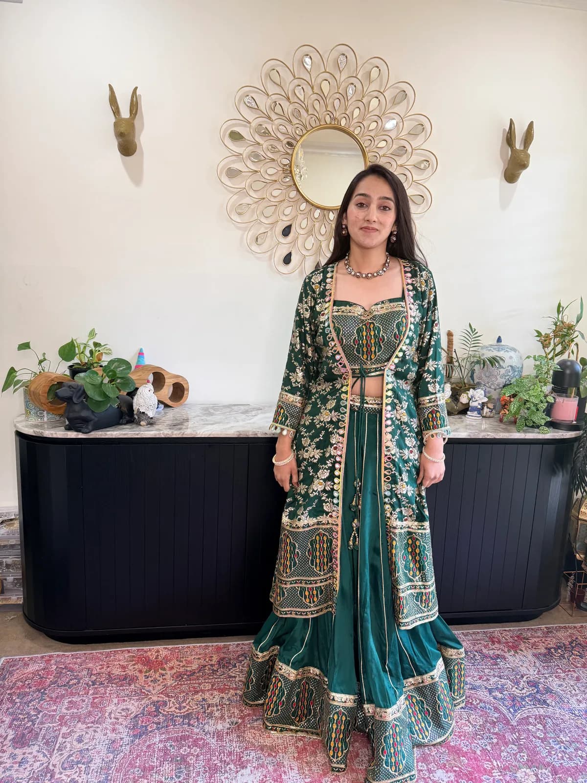 Emerald Green Lehenga Set With Embroidered Jacket And Blouse — image 1