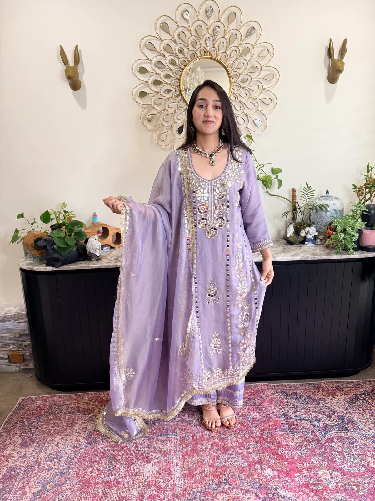 Lilac Mirror Work Suit Set With Dupatta — image 1