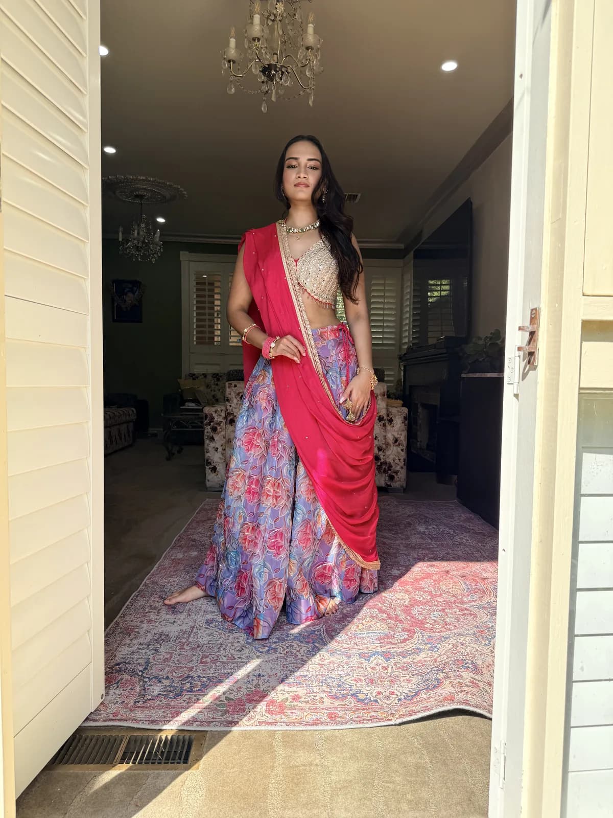 Multicolour Floral Lehenga Choli With Pink Drape Dupatta — image 1