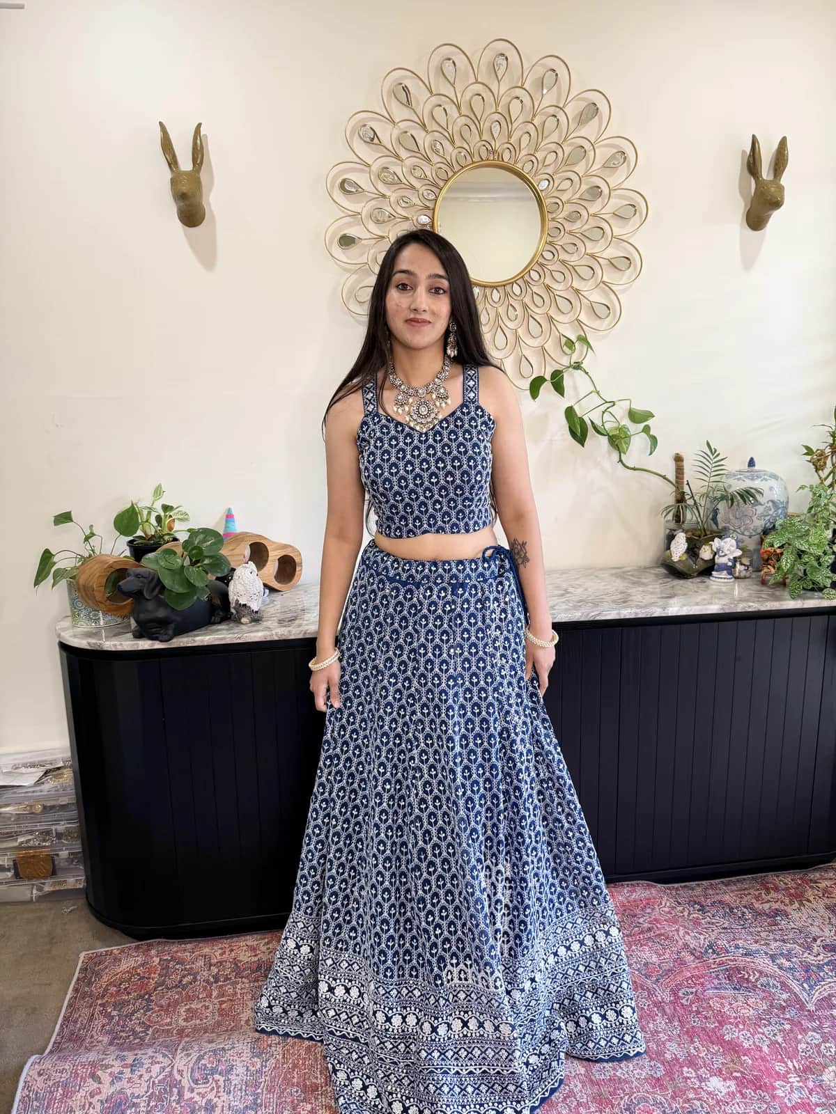 Navy Blue Chikankari Style Lehenga With Sweetheart Crop Top — image 1