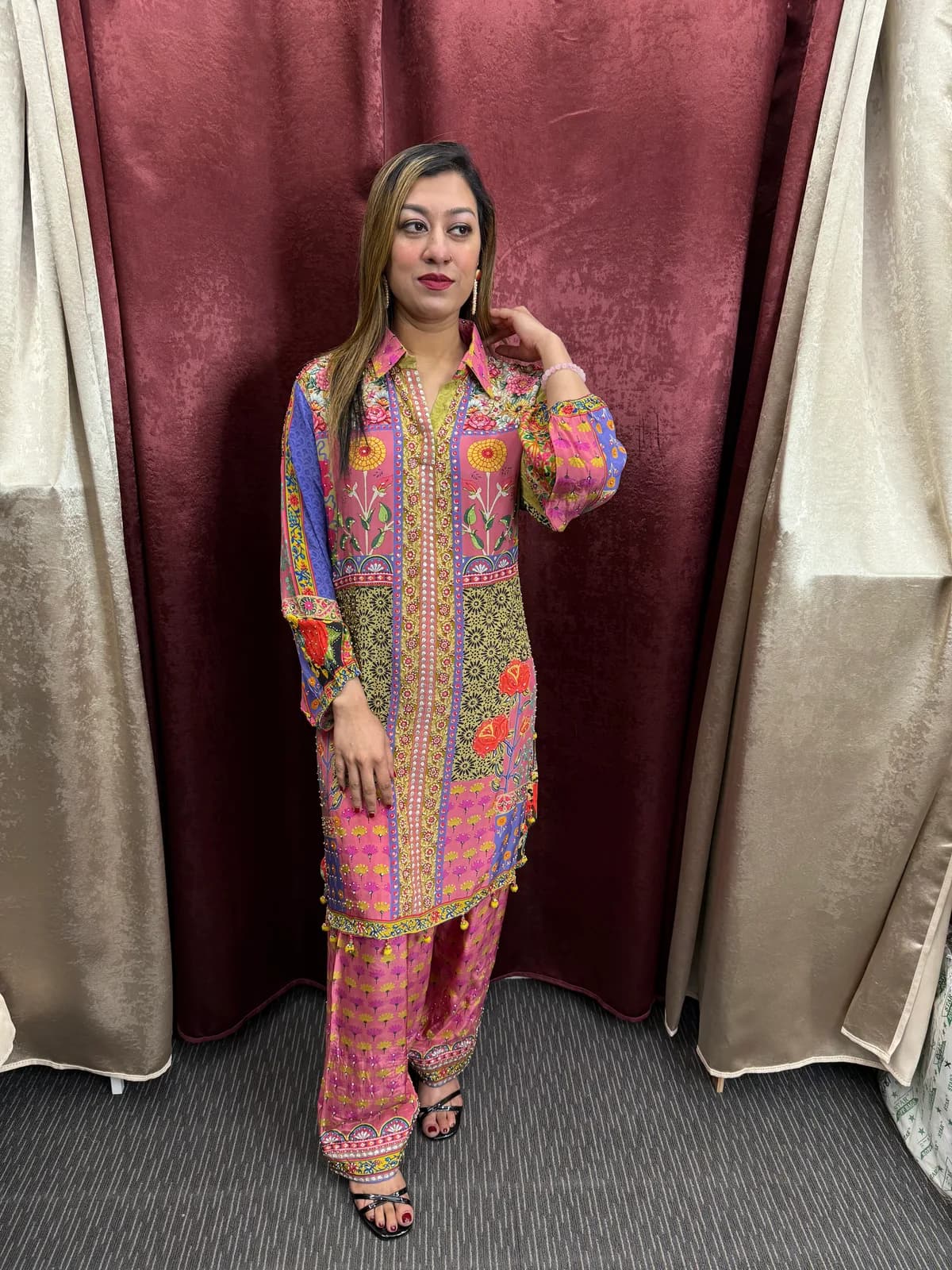 Pink Floral Patchwork Kurta Set — image 1