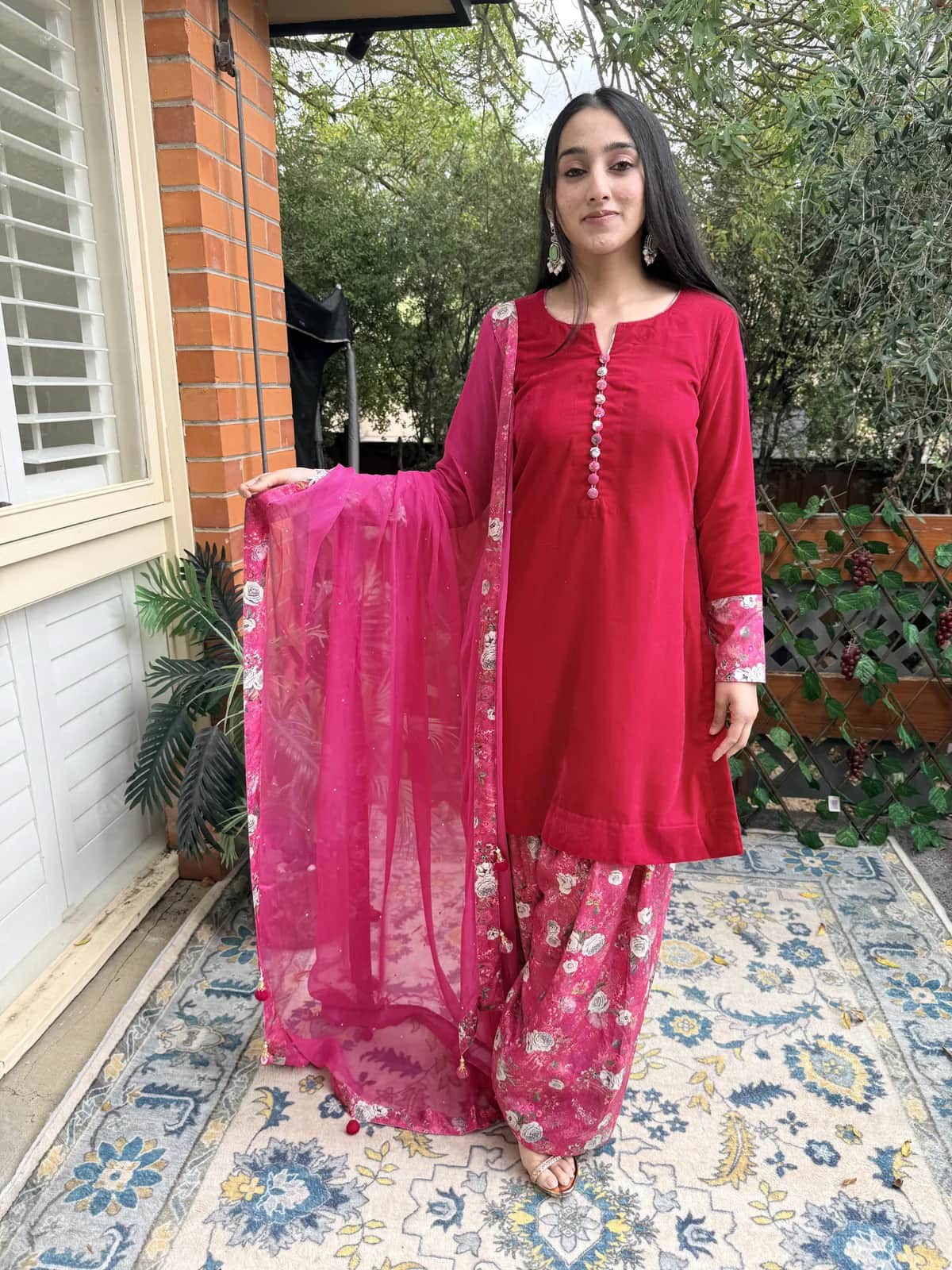 Pink Kurta With Floral Printed Sharara Pink Chiffon Dupatta — image 1