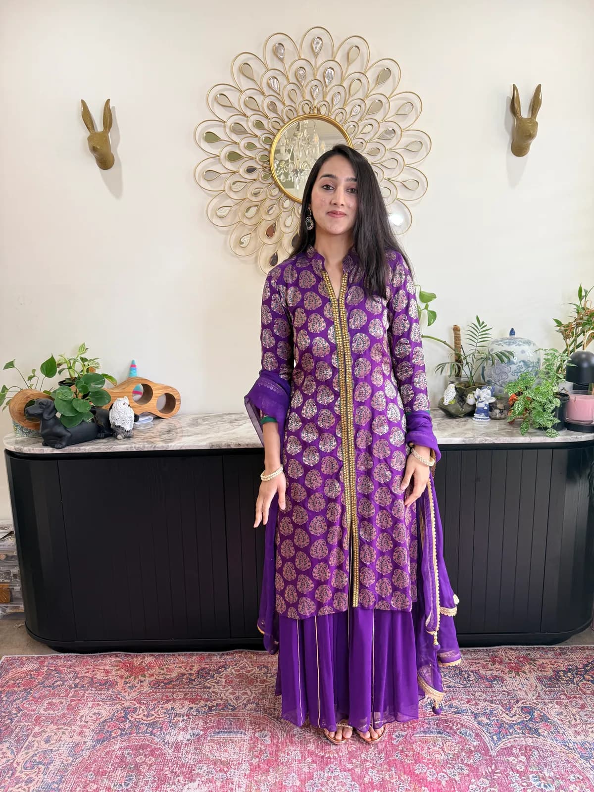 Purple Brocade Sharara Set With Embellished Neckline — image 1