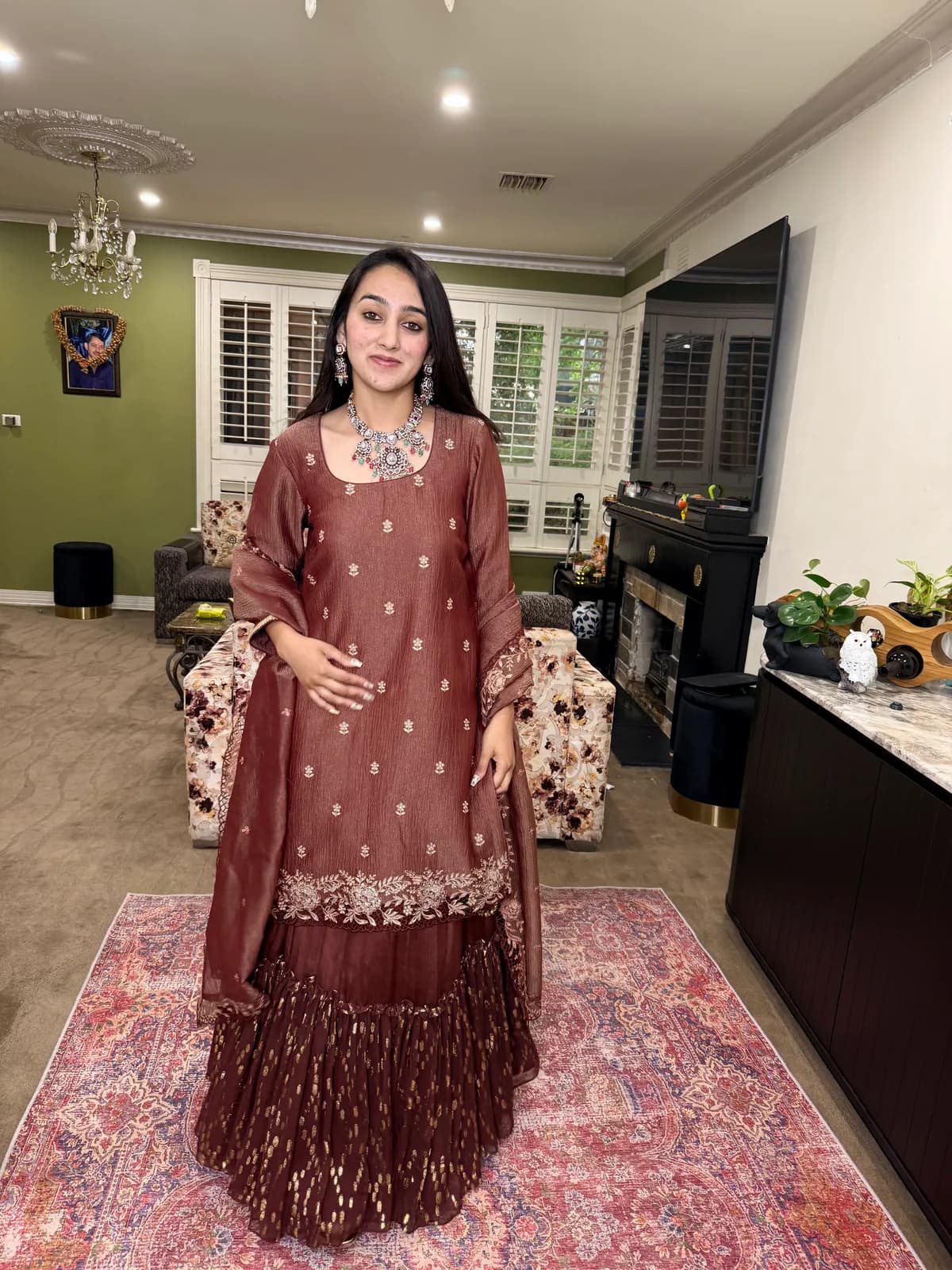 Rosewood Brown Embroidered Sharara Set With Dupatta — image 1