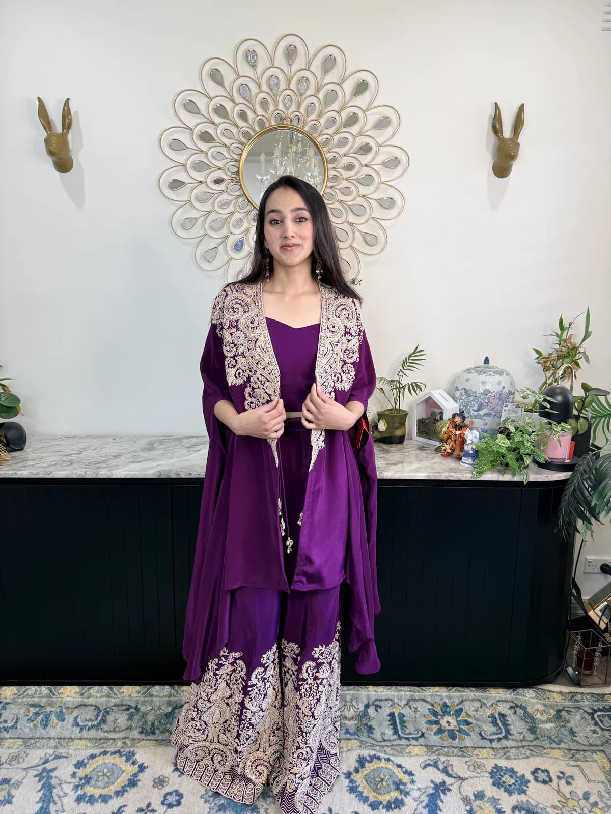 Royal Purple Embellished Cape With Crop Top Heavy Border Sharara Pants Designer Indo Western Three Piece — image 1