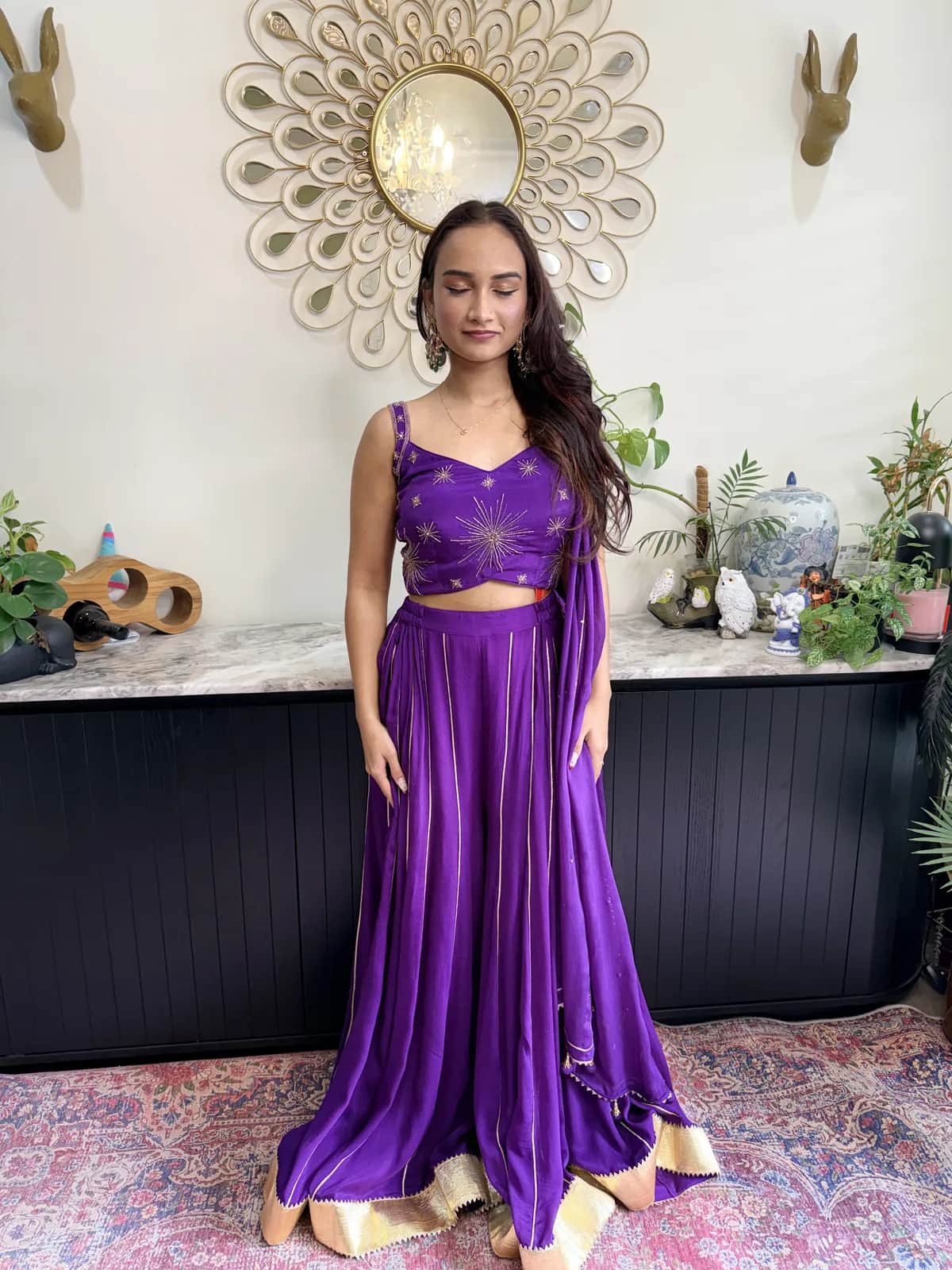 Royal Purple Starburst Embroidered Crop Top With Flared Sharara Gold Border Dupatta Festive Set — image 1