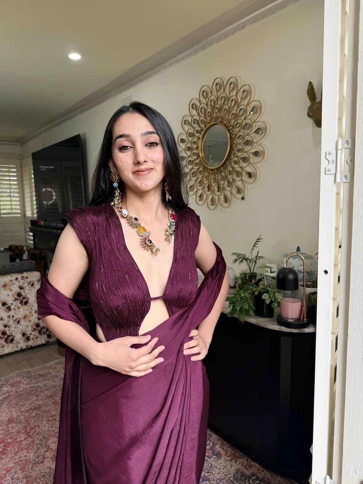 Wine Pre Draped Saree Gown With Pintucked Corset Blouse — image 1